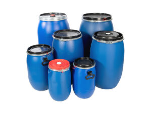 Blauwe kunststof dekselvaten